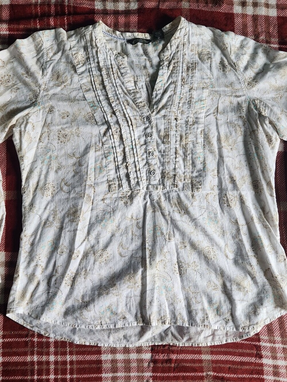 Eddie Bauer White Paisley Pintuck Blouse